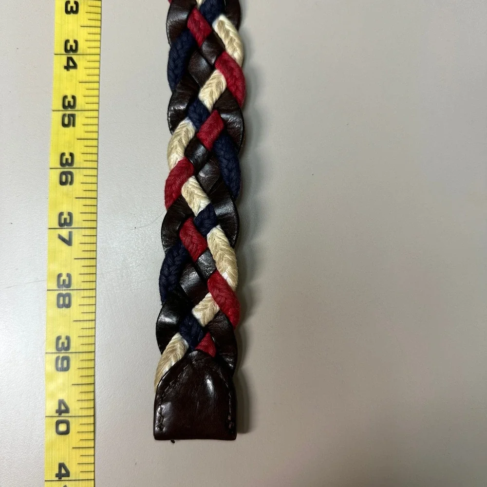 Franklin Marshall Braided Leather Textile Belt Brown Red Navy White D-Ring 40in